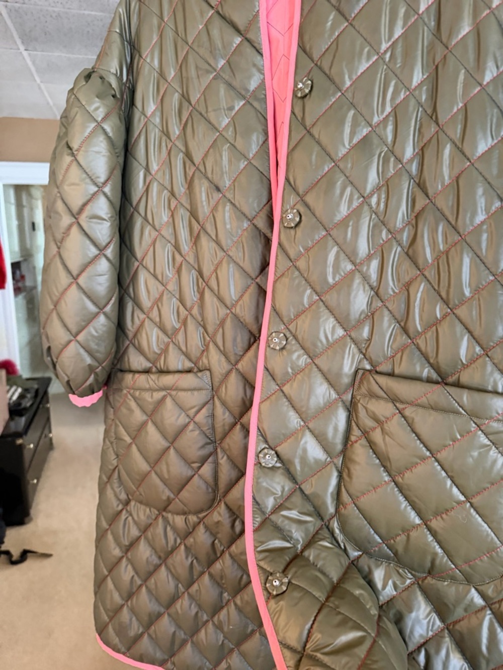 Clare V Olive Quilted Coat with Pink Trim - Picture 4 of 10